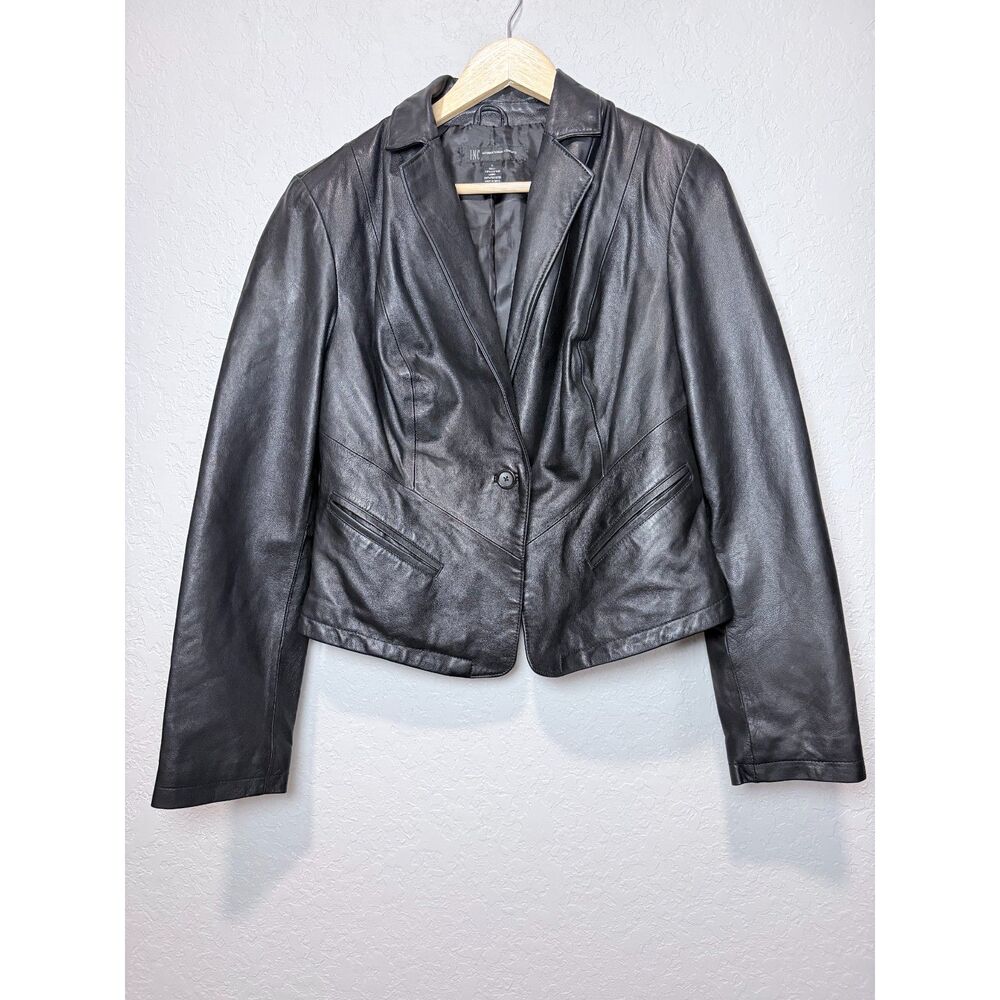 INC Black Leather Blazer L Y2K Moto Minimalist Quiet Luxury Tailored Jacket